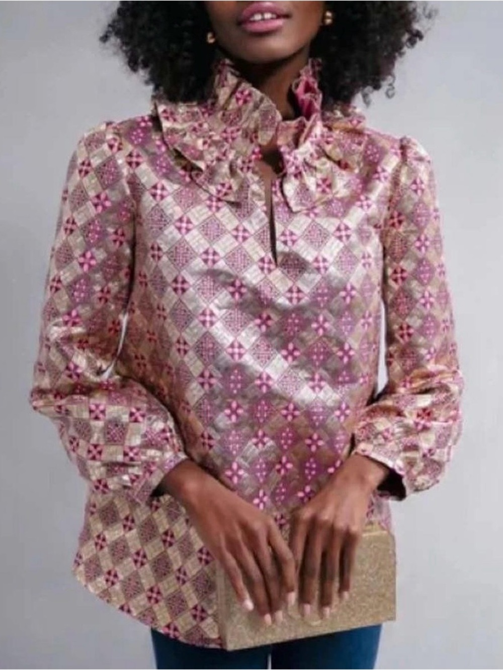 Tuckernuck Metallic Pink and Gold Diamond-Print Ruffle-Neck Blouse